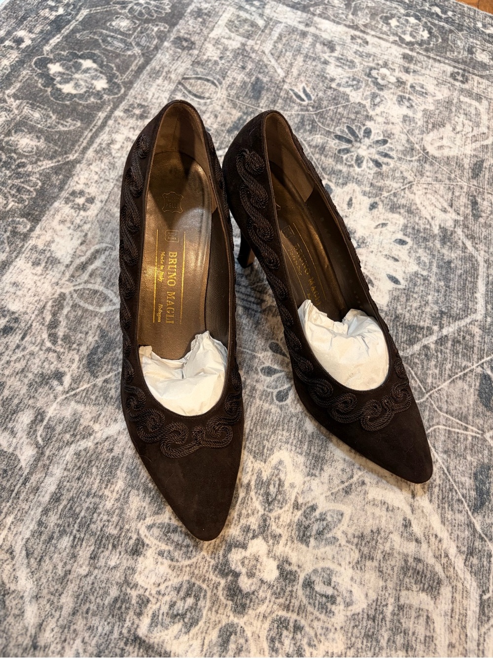 Bruno Magli Brown Suede Pointed-Toe Braided Trim Pumps